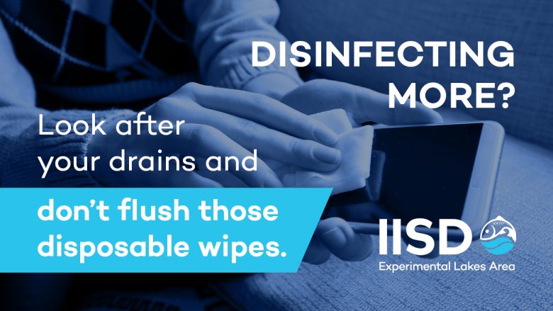 Social media card giving tips on domestic water usage regarding disposable wipes during COVID 19. The text reads: Disinfecting More? Look after your drains and don't flush those disposable wipes.'
