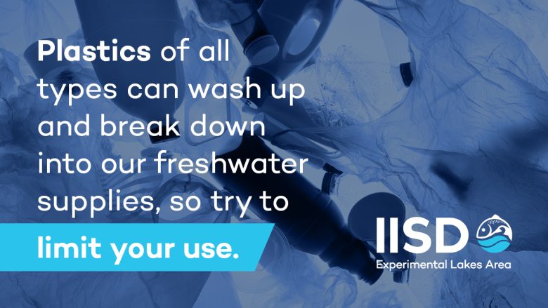 Social media card giving tips on domestic water usage regarding plastics usage during COVID 19. The text reads: Plastics of all types can wash up and break down into our freshwater supplies, so try and limit your use.