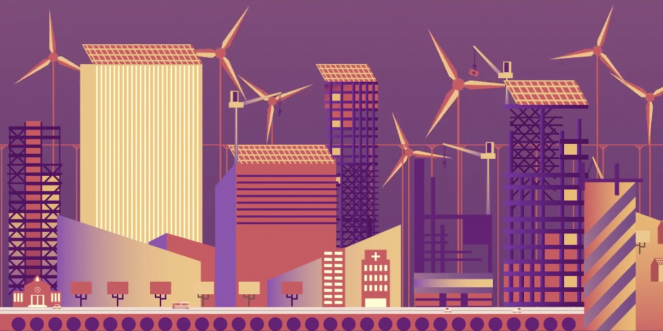 A flat graphic image of buildings and modern windmills. Purple, coral, and yellow tones.