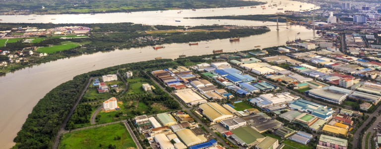 View of the special economic zone of Ho Chi Minh City, with industrial buildings and the Saigon River 