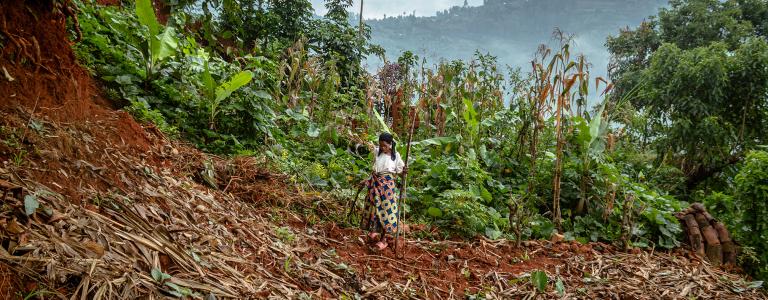 Woman walking through a field destroyed by a landslide in Rwanda