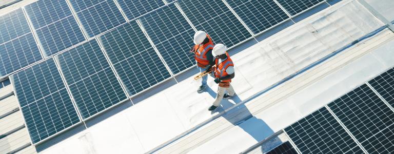 Technicians walk past rows of solar panels.