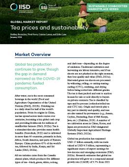 Global Market Report: Tea prices and sustainability report cover showing workers in a tea leaves field.