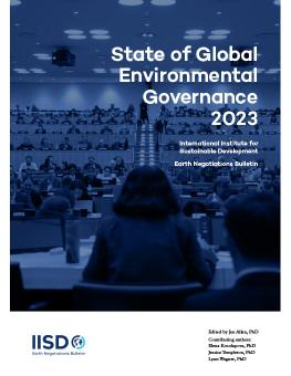 State of Global Environmental Governance 2023 report cover showing a room of delegates at a conference.