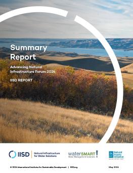 Summary Report: Advancing Natural Infrastructure Forum 2024 report cover showing the hills surrounding Lake Diefenbaker in autumn.