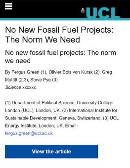 A screenshot of the UCL webpage hosting the No New Fossil Fuel Projects: The Norm We Need article.