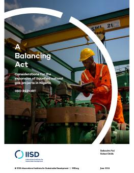 A Balancing Act report cover showing a worker dressed in an orange suit and yellow hard-hat taking notes near a pipeline.