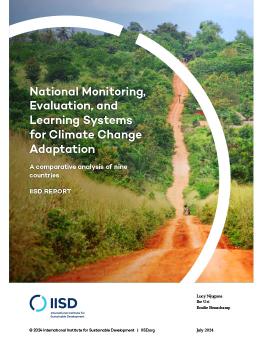 National Monitoring, Evaluation, and Learning Systems for Climate Change Adaptation report cover showing people in the distance travelling along a dirt road in rural Africa.