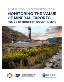 Monitoring the Value of Mineral Exports: Policy Options for Governments report cover showing a mining operation surrounded by hills with yellow flowers in the foreground.