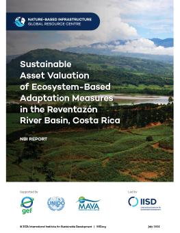 Sustainable Asset Valuation of Ecosystem-Based Adaptation Measures in the Reventazón River Basin, Costa Rica, report cover showing a panoramic view of a river and volcano surrounded by lush green trees in Costa Rica. 