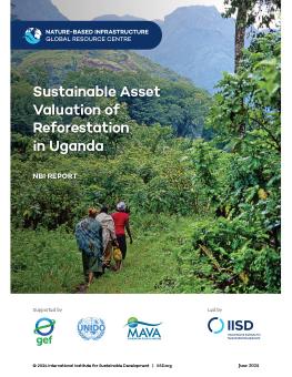 Sustainable Asset Valuation of Reforestation in Uganda report cover showing people walking through Mount Rwenzori, Uganda, surrounded by lush green trees and hills.