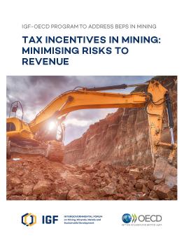 Tax Incentives in Mining: Minimising risks to revenue report cover showing a yellow excavator moving earth at a mining site.