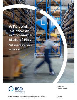 WTO Joint Initiative on E-Commerce State of Play report cover showing a worker passing through a warehouse with shelves full of boxes.