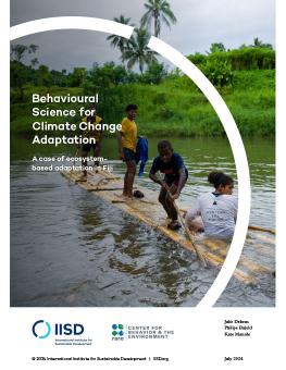 Behavioural Science for Climate Change Adaptation report cover showing a young person using a pole to steer a raft along a river while other youth look on.