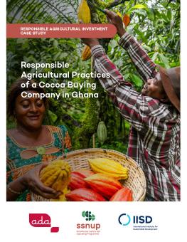 Responsible Agricultural Practices of a Cocoa Buying Company in Ghana report cover showing farmers picking cocoa pods at their plantation.