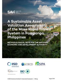 A Sustainable Asset Valuation Assessment of the Mass Rapid Transit System in Pampanga, Philippines report cover showing lush trees in the foreground, buildings at Clark Freeport in Angeles, Pampanga, Philippines, and Mt. Arayat in the background.