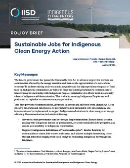 Sustainable Jobs for Indigenous Clean Energy Action brief cover showing the first page of the brief with an image of solar panels and wind turbines.