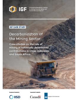 IGF Case Study: Decarbonization of the Mining Sector report cover showing a large yellow dump truck driving through a mining site with dust trailing behind.