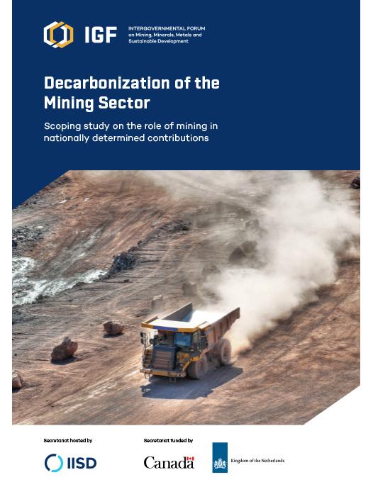 Decarbonization of the Mining Sector report cover showing a large yellow dump truck driving through a mining site with dust trailing behind.