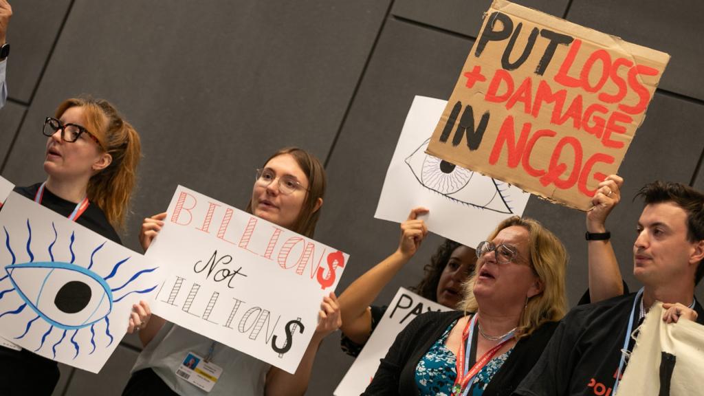 A climate activist holds a sign calling for loss and damage to be included in the new collective quantified goals or NCQG