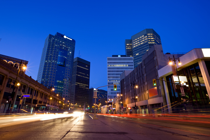 Portage Avenue in downtown Winnipeg. Canada at night