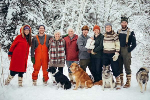 Portrait of the Christie-Hamilton family, leaders of climate action, in winter outside