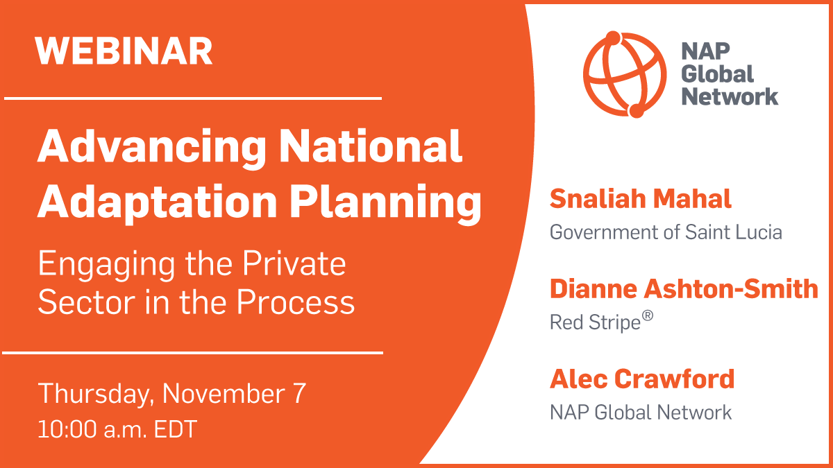 Social media card to promote the webinar Advancing National Adaptation Planning: Engaging the Private Sector in the Process