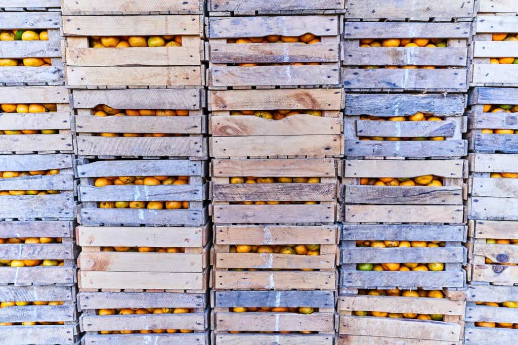 Citrus fruits in wooden boxes.